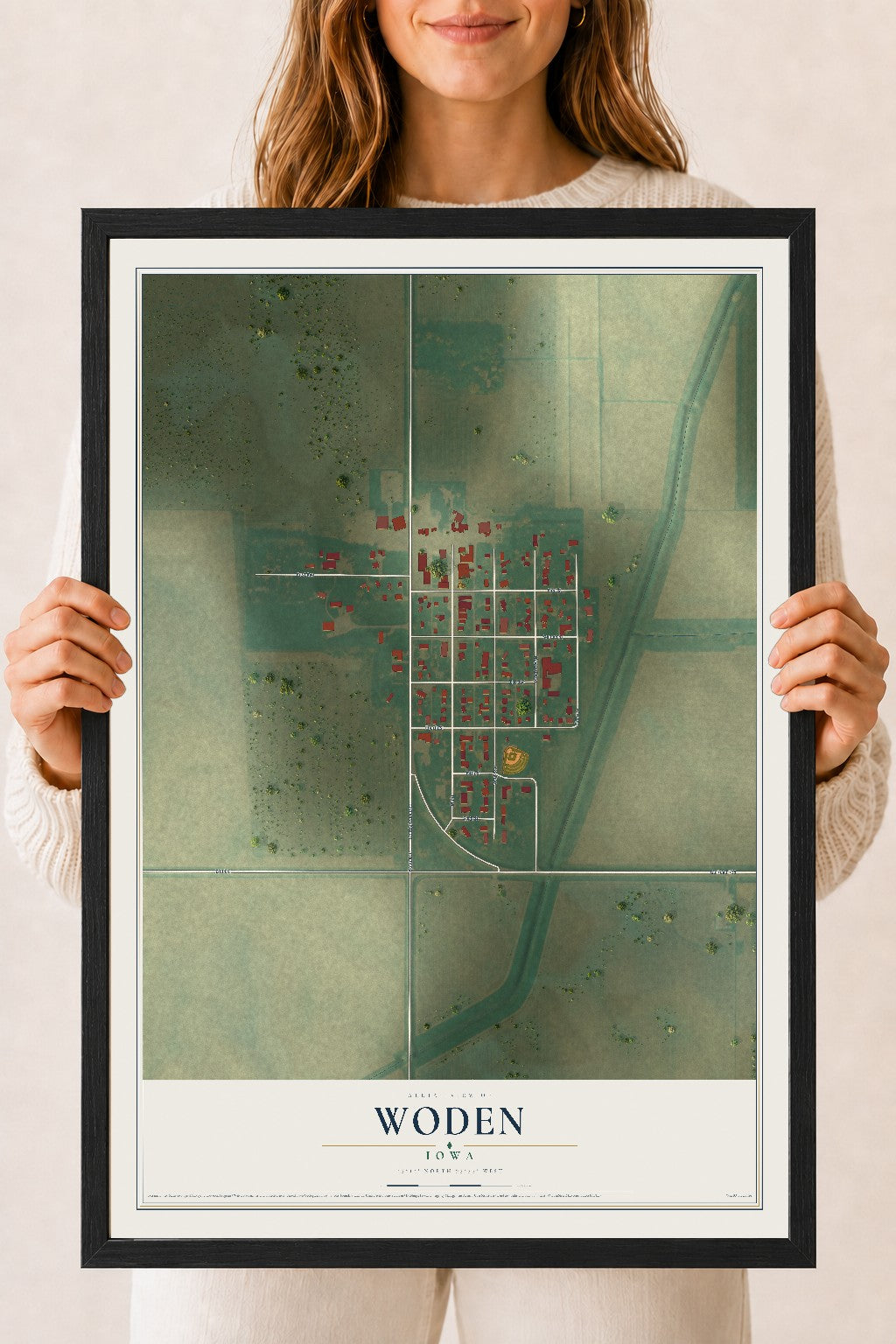 Map of Woden, Iowa, 18 x 24 inch print in a black wood frame