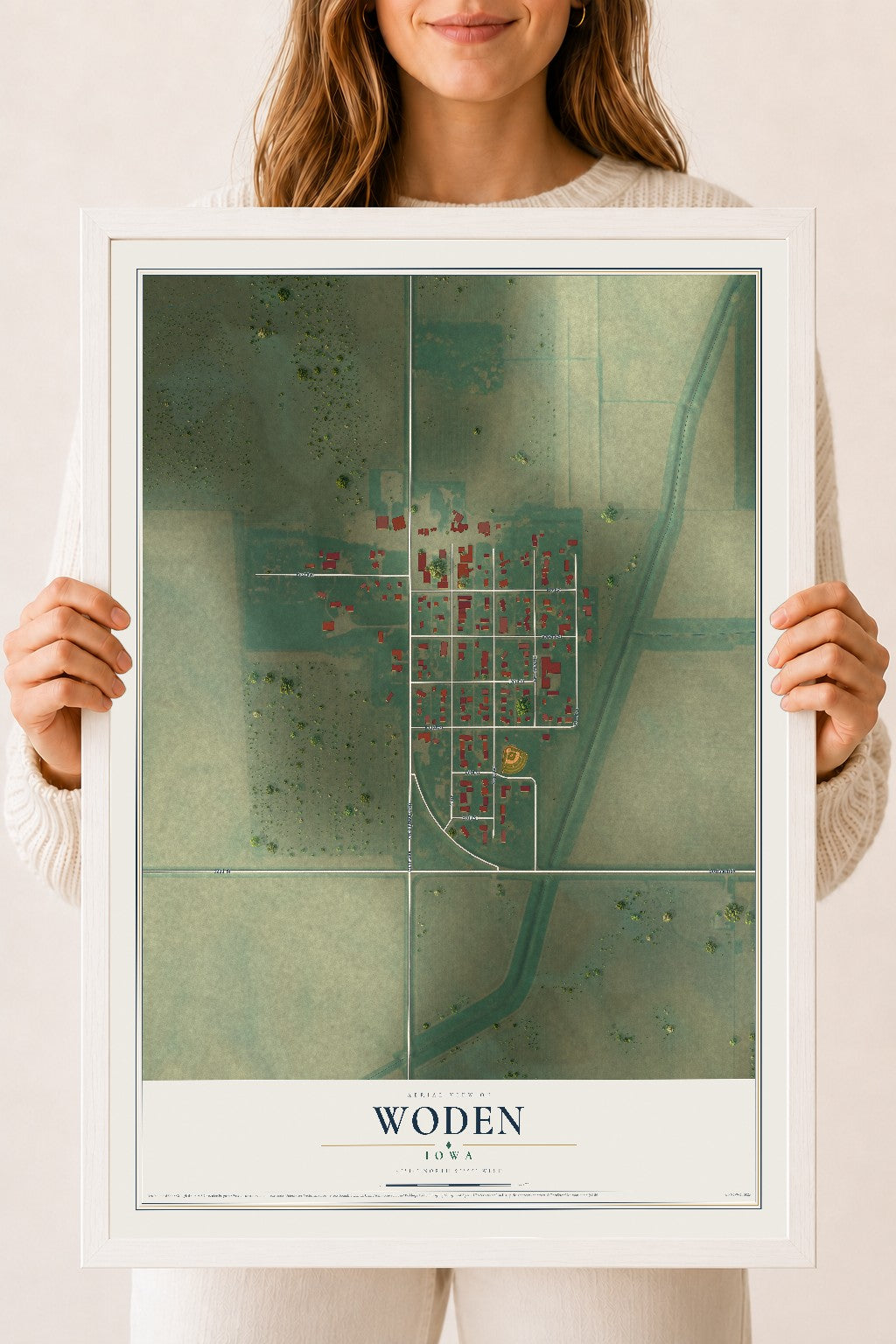 Map of Woden, Iowa, 18 x 24 inch print in a white wood frame