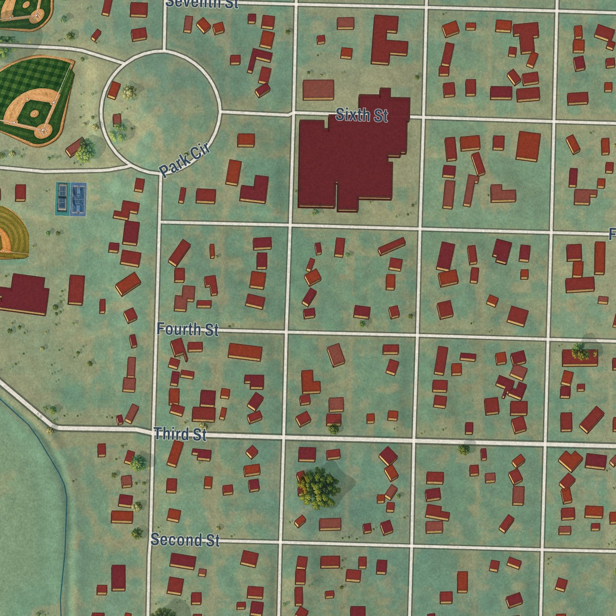 Close-up of the map of Woodbine, Iowa print showing street and building detail