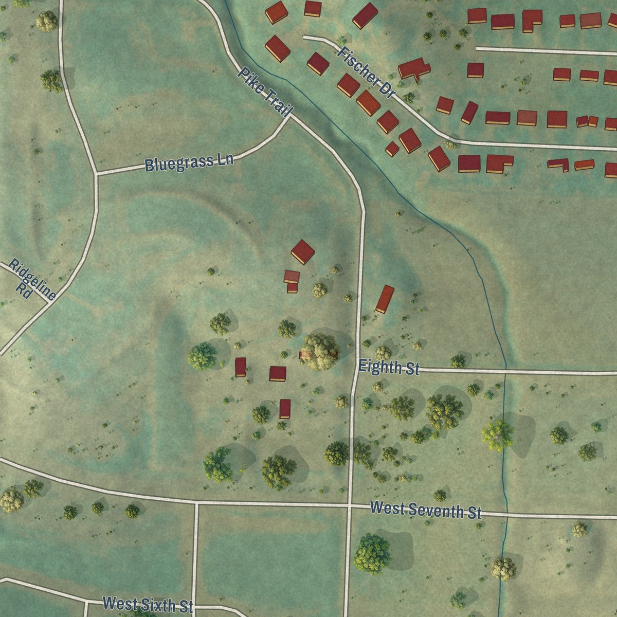 Second close-up of the map of Woodbine, Iowa print showing more streets and buildings