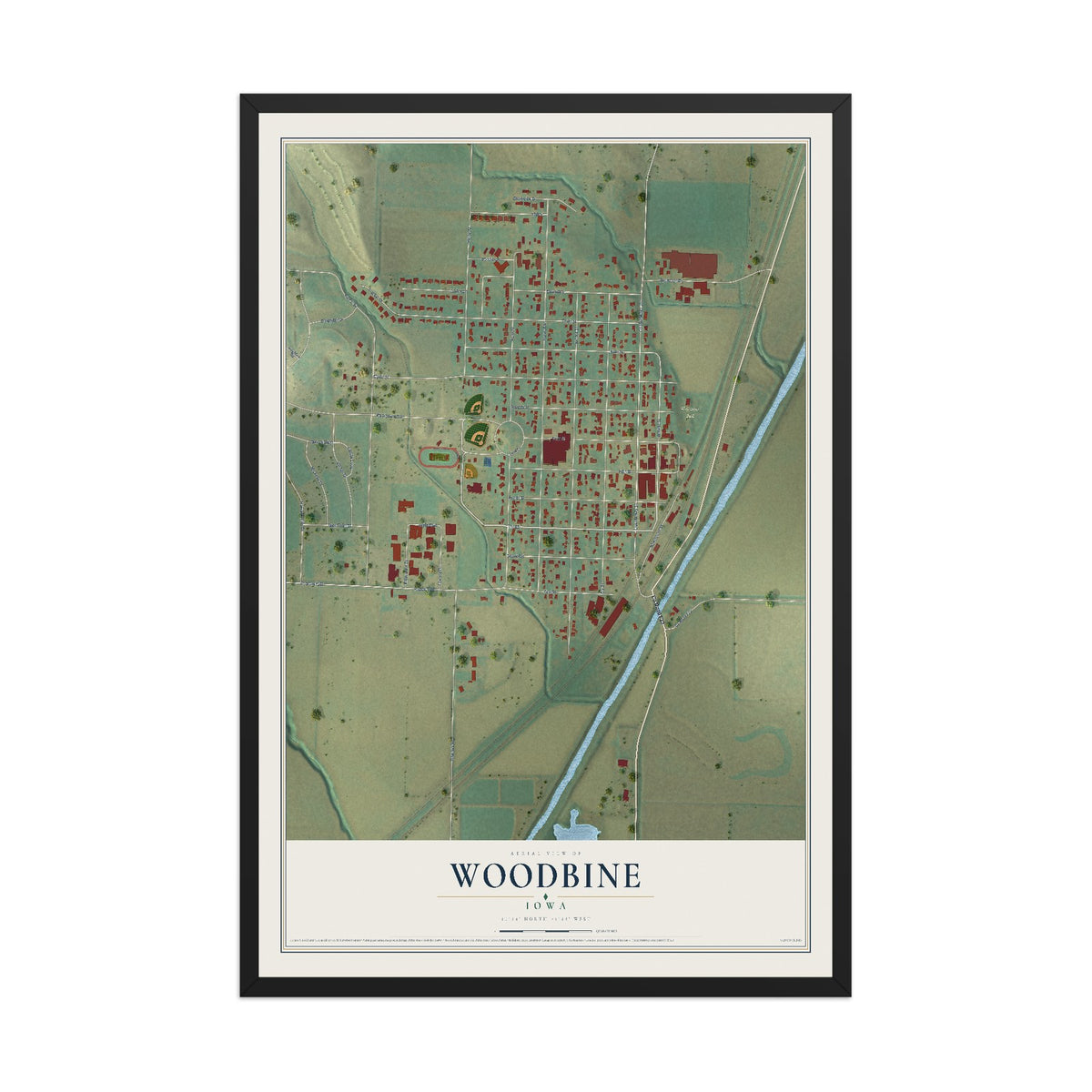 Map of Woodbine, Iowa, 12 x 18 inch print in a black wood frame