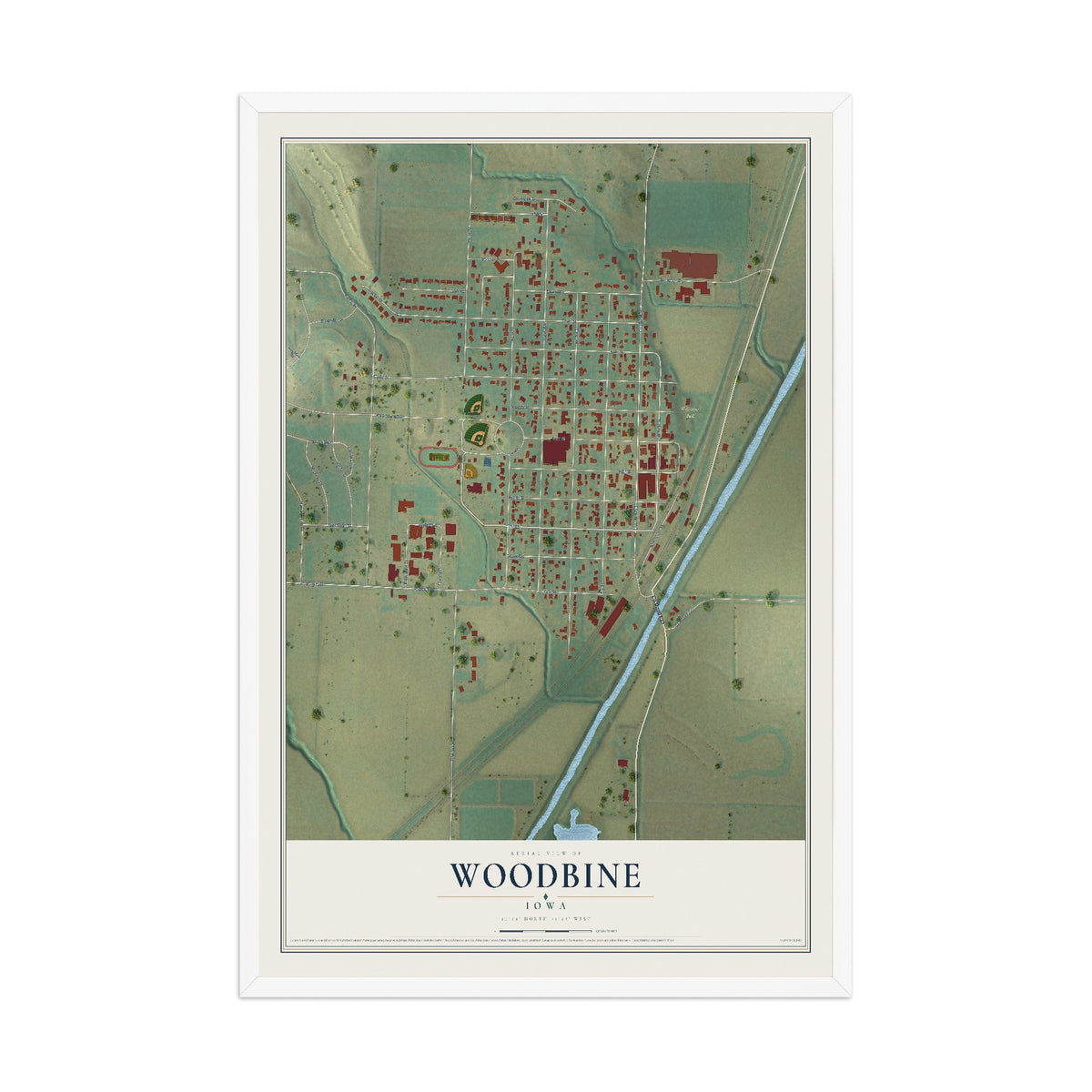 Map of Woodbine, Iowa, 12 x 18 inch print in a white wood frame