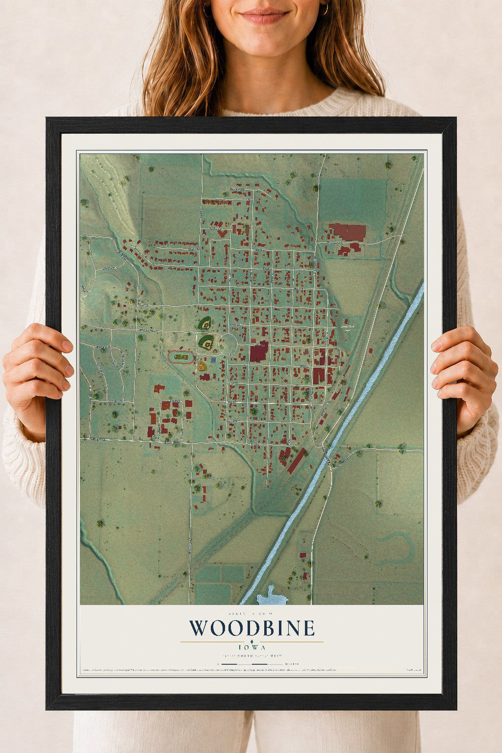 Map of Woodbine, Iowa, 18 x 24 inch print in a black wood frame