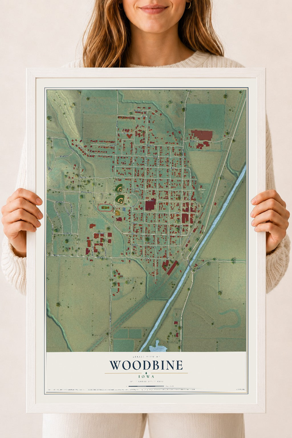 Map of Woodbine, Iowa, 18 x 24 inch print in a white wood frame