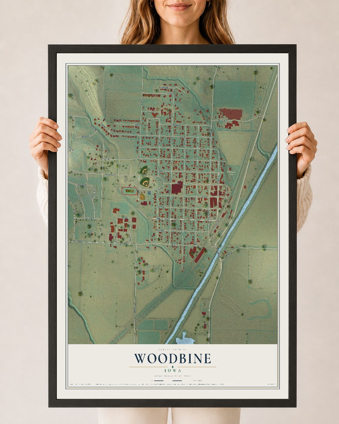 Map of Woodbine, Iowa, 24 x 36 inch print in a black wood frame