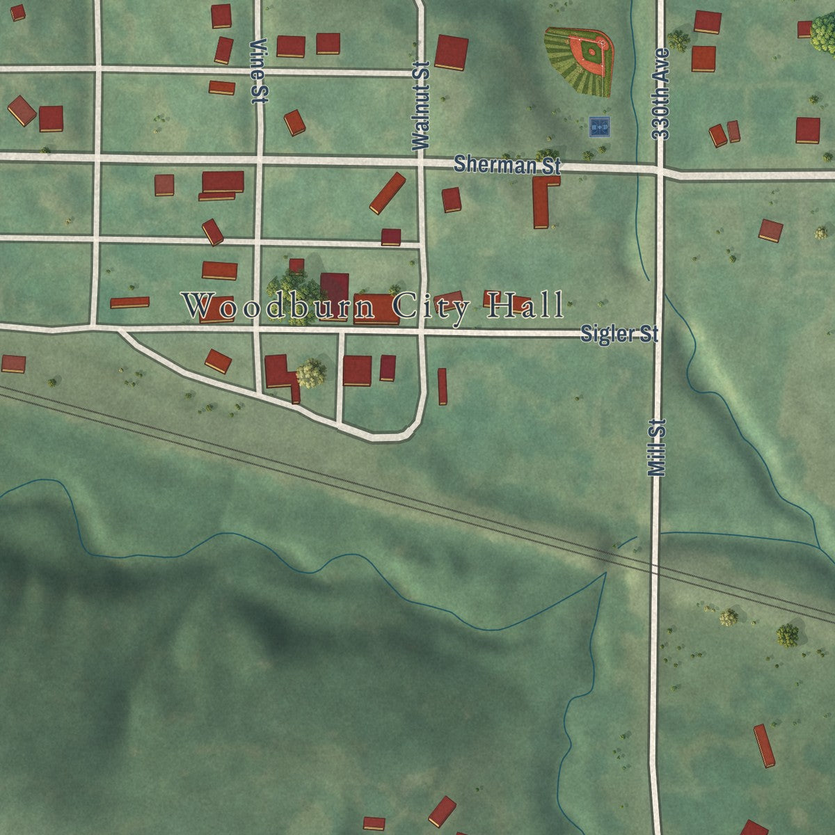 Close-up of the map of Woodburn, Iowa print showing street and building detail