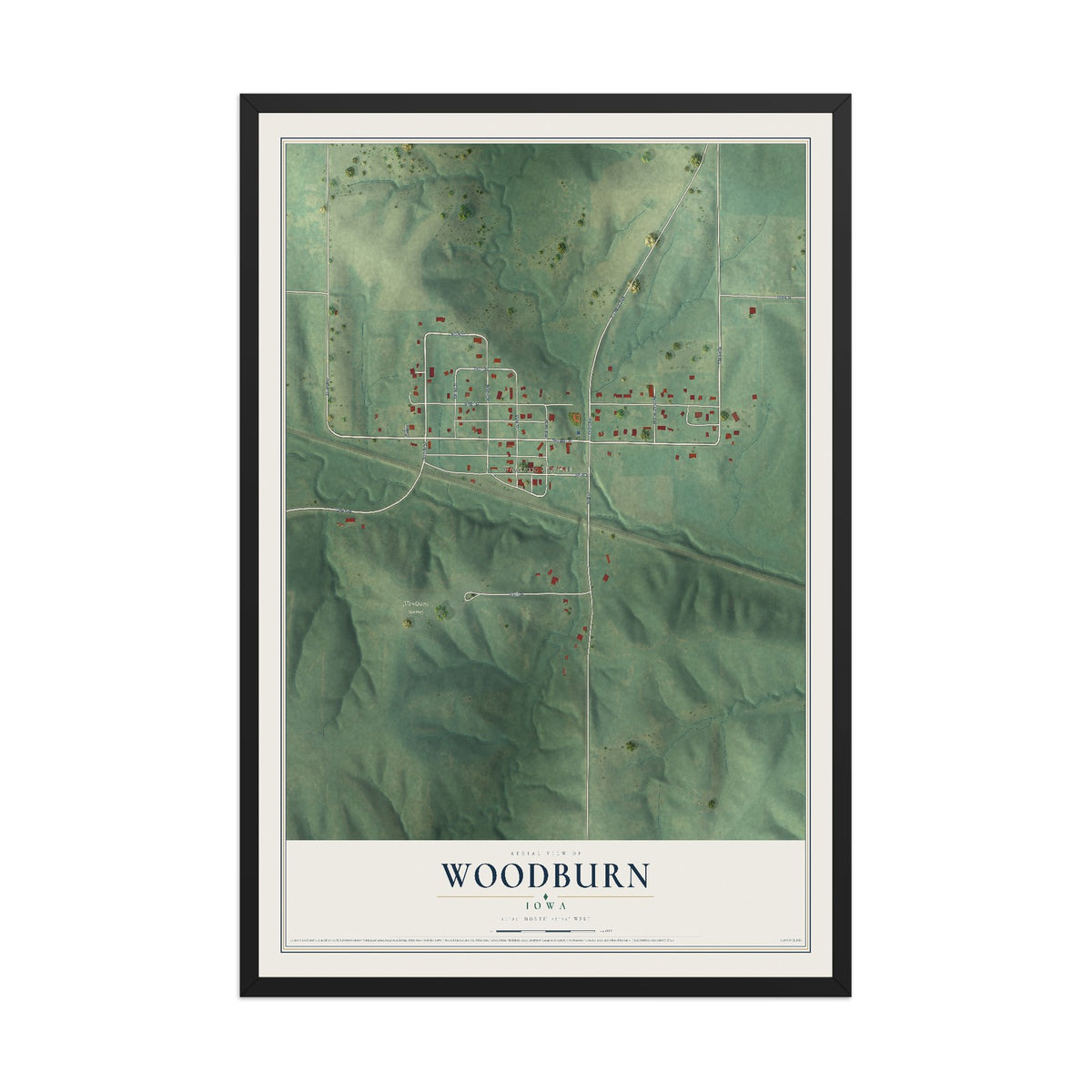 Map of Woodburn, Iowa, 12 x 18 inch print in a black wood frame