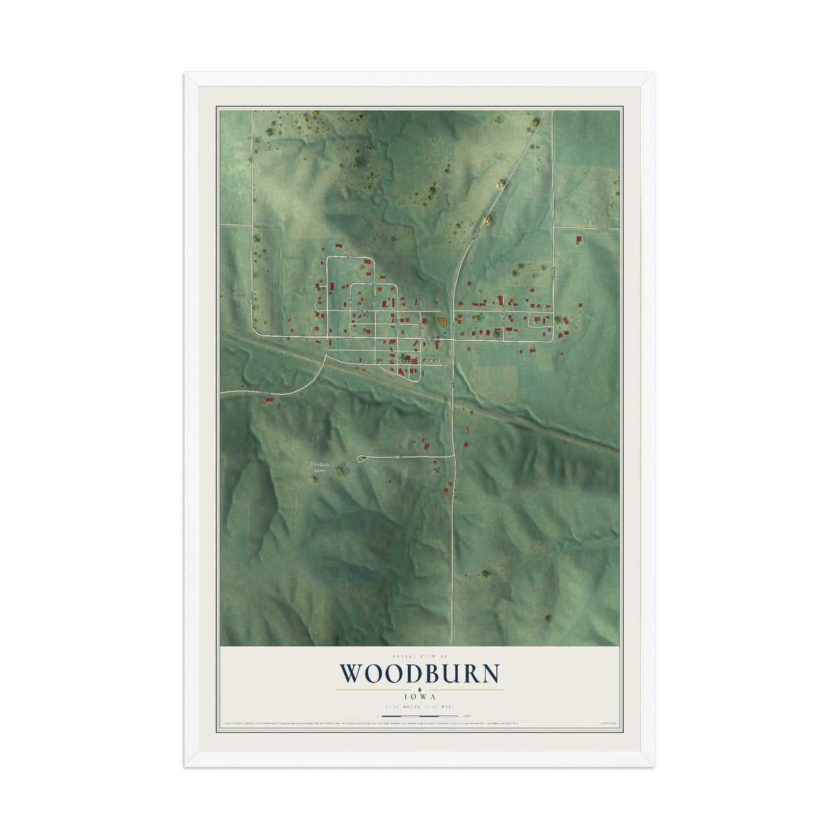 Map of Woodburn, Iowa, 12 x 18 inch print in a white wood frame