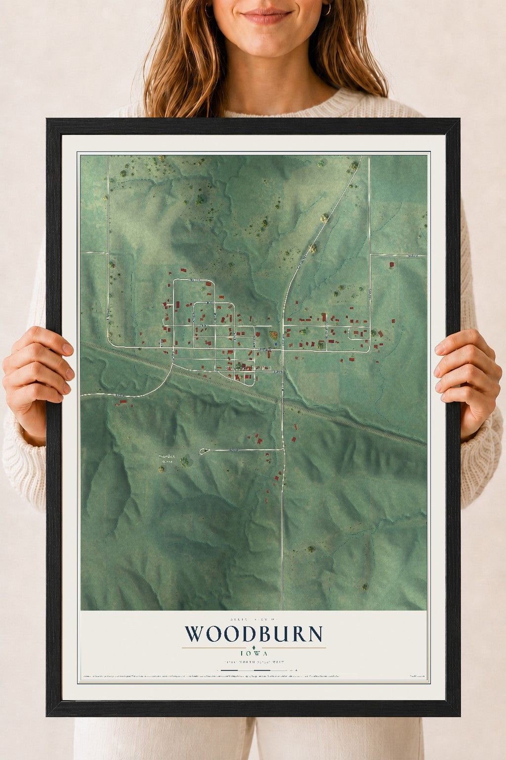 Map of Woodburn, Iowa, 18 x 24 inch print in a black wood frame