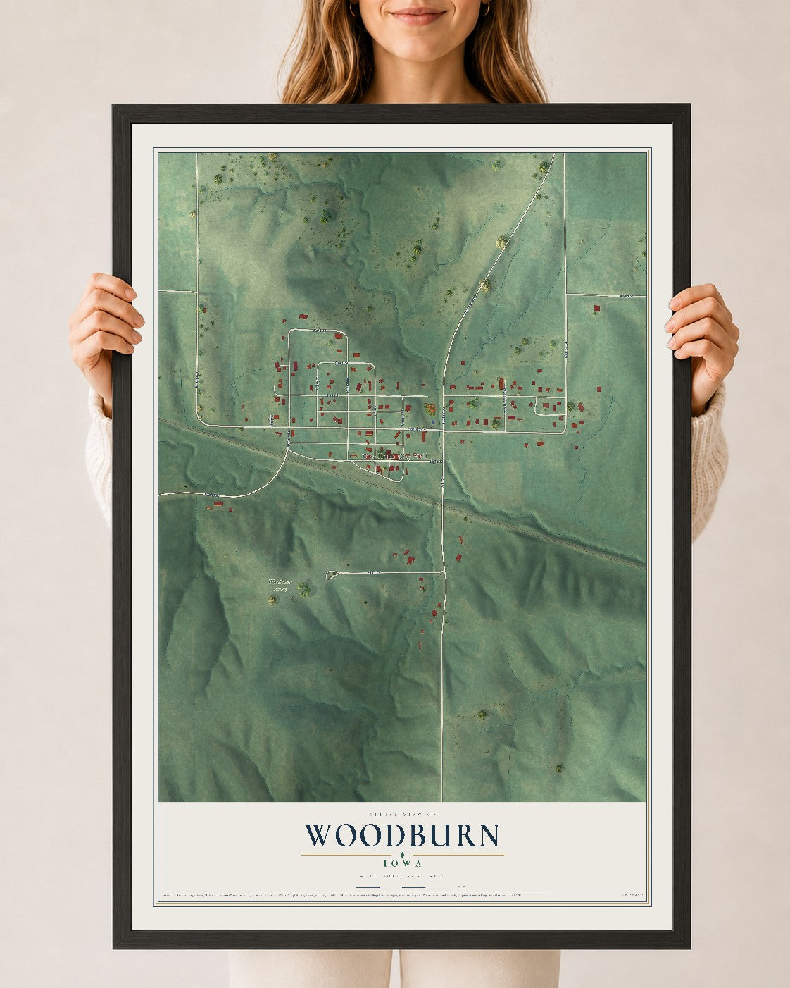 Map of Woodburn, Iowa, 24 x 36 inch print in a black wood frame