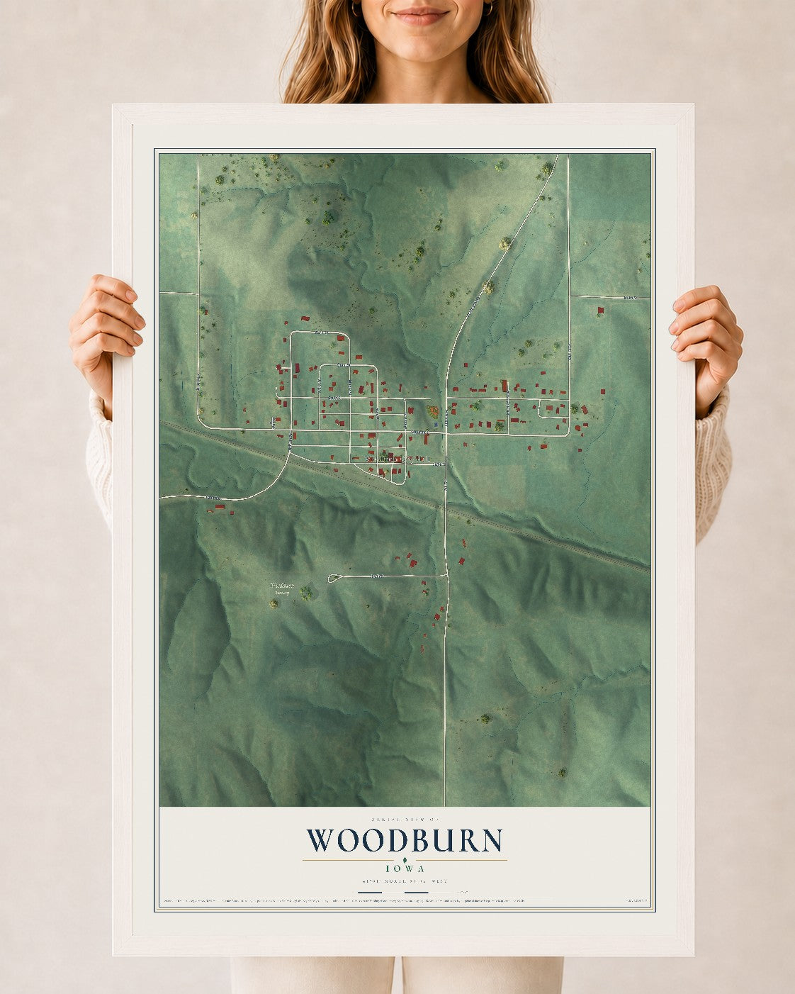 Map of Woodburn, Iowa, 24 x 36 inch print in a white wood frame