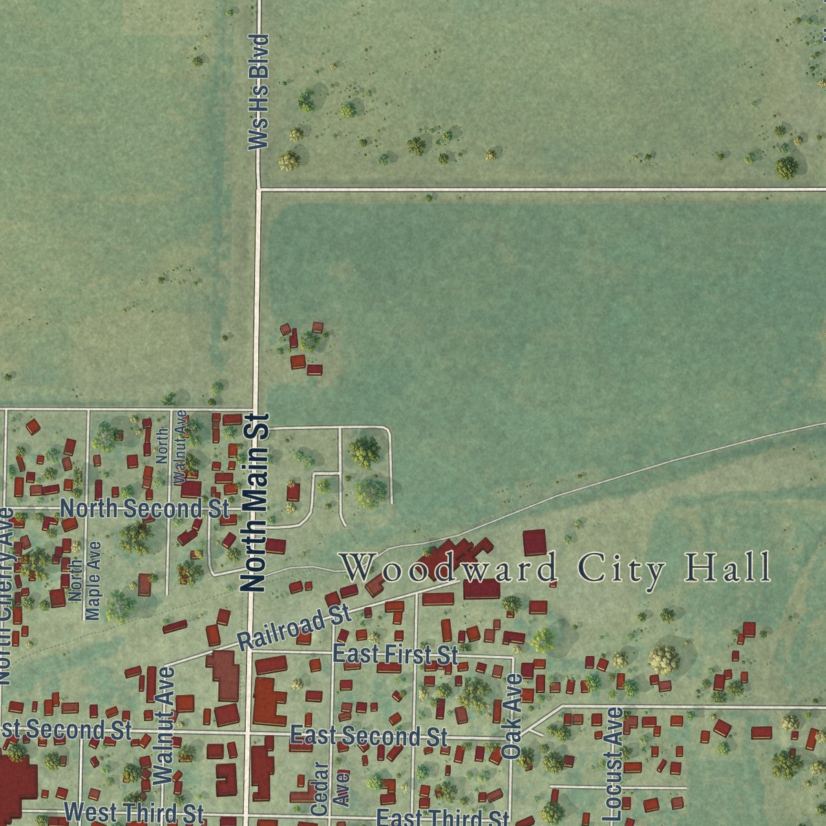 Second close-up of the map of Woodward, Iowa print showing more streets and buildings