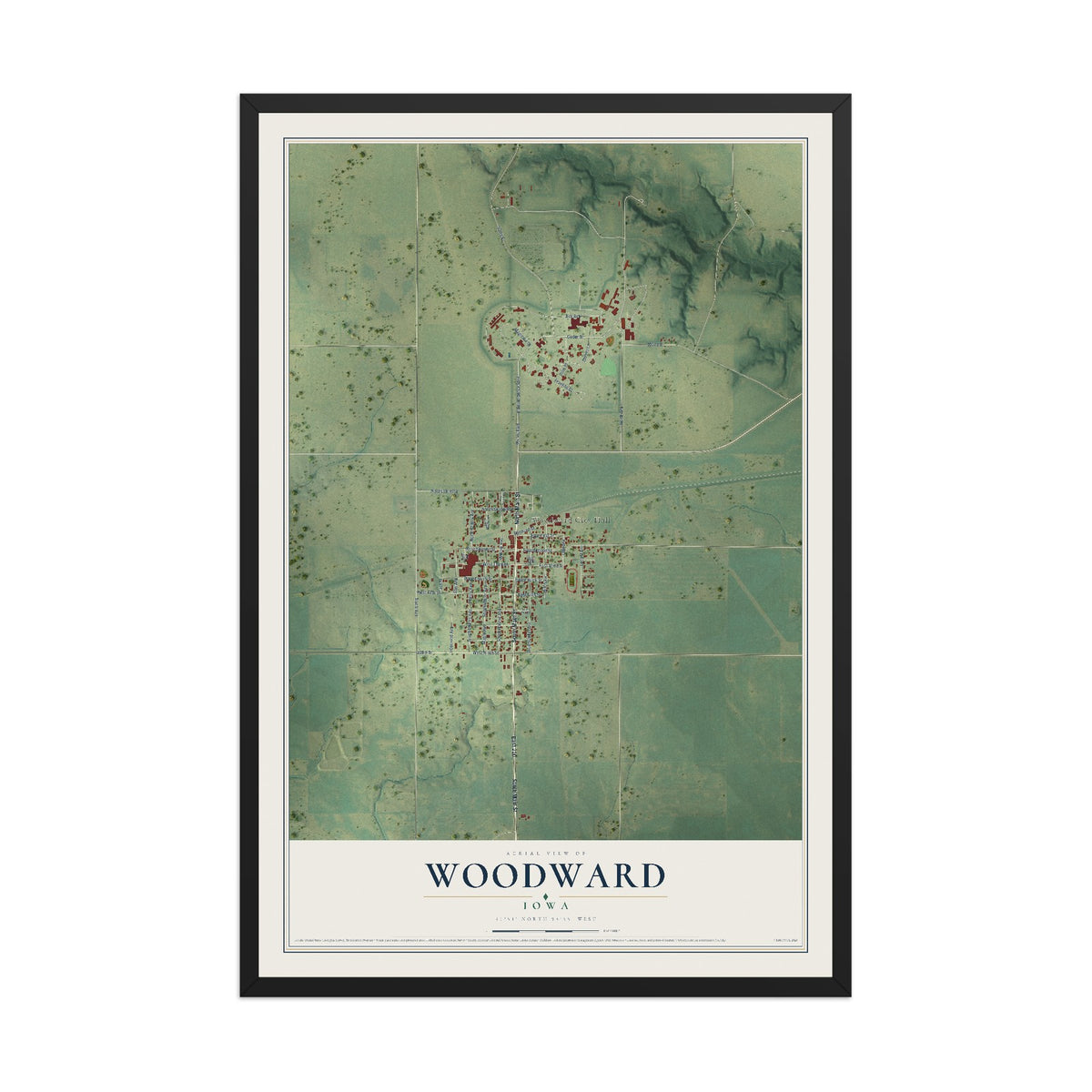 Map of Woodward, Iowa, 12 x 18 inch print in a black wood frame