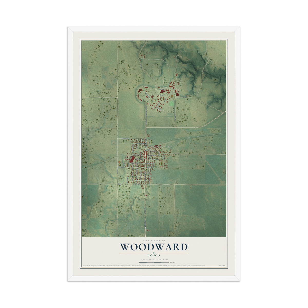 Map of Woodward, Iowa, 12 x 18 inch print in a white wood frame