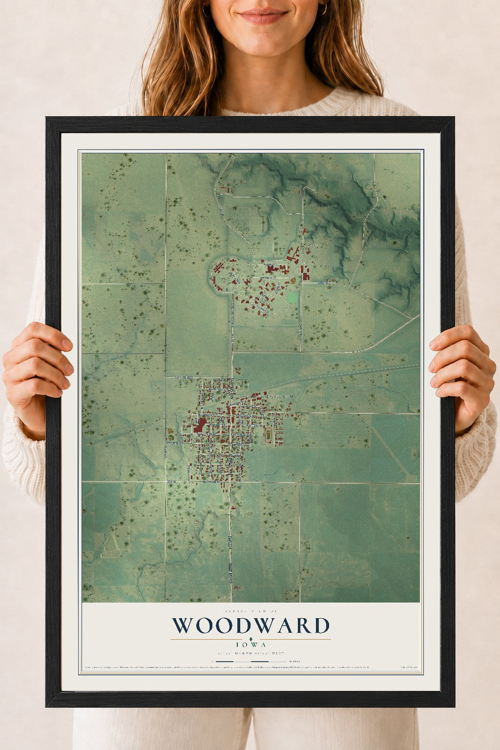 Map of Woodward, Iowa, 18 x 24 inch print in a black wood frame