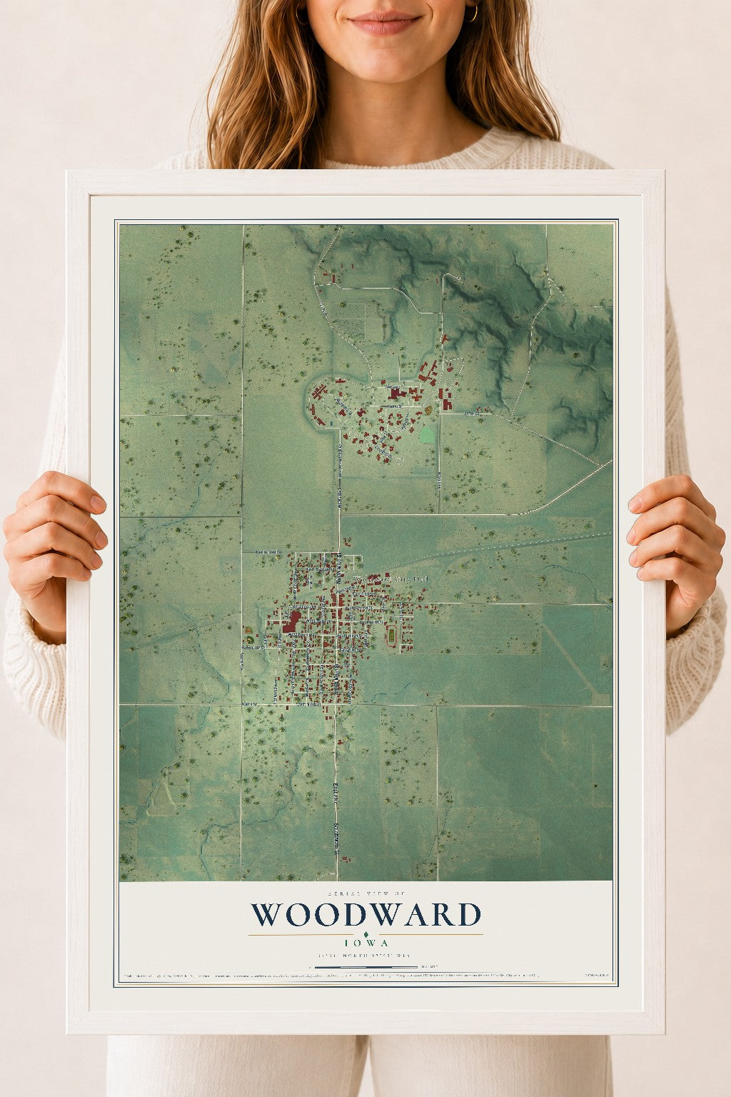 Map of Woodward, Iowa, 18 x 24 inch print in a white wood frame