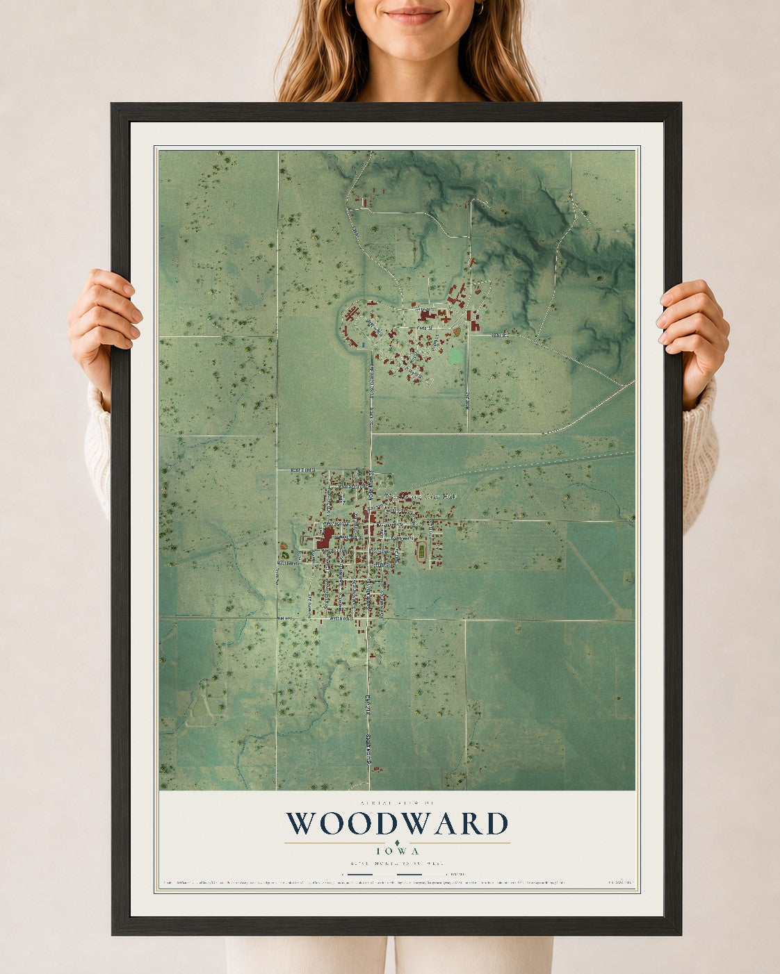 Map of Woodward, Iowa, 24 x 36 inch print in a black wood frame