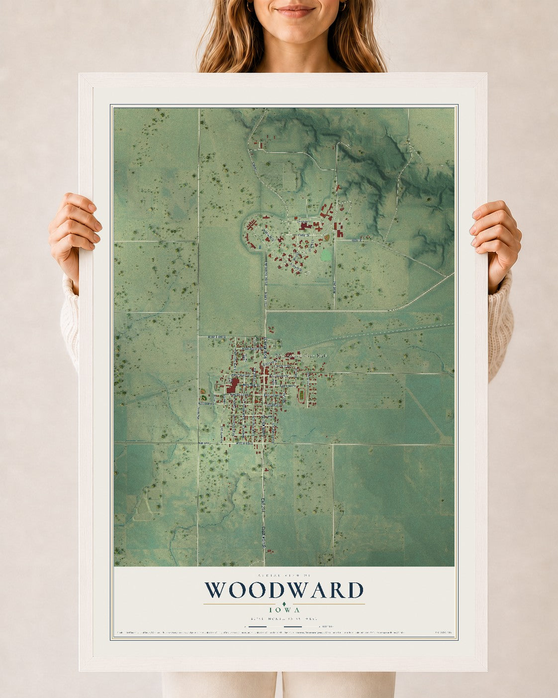 Map of Woodward, Iowa, 24 x 36 inch print in a white wood frame
