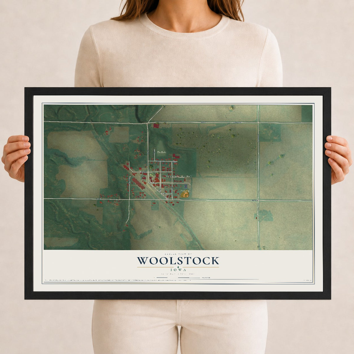 Map of Woolstock, Iowa, 12 x 18 inch print in a black wood frame