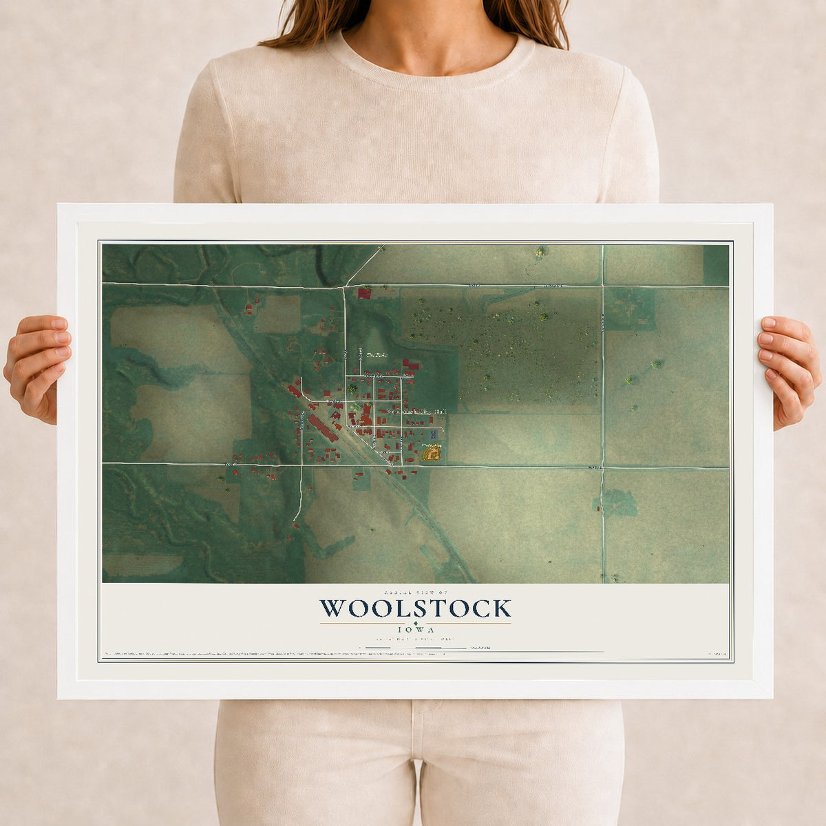 Map of Woolstock, Iowa, 12 x 18 inch print in a white wood frame