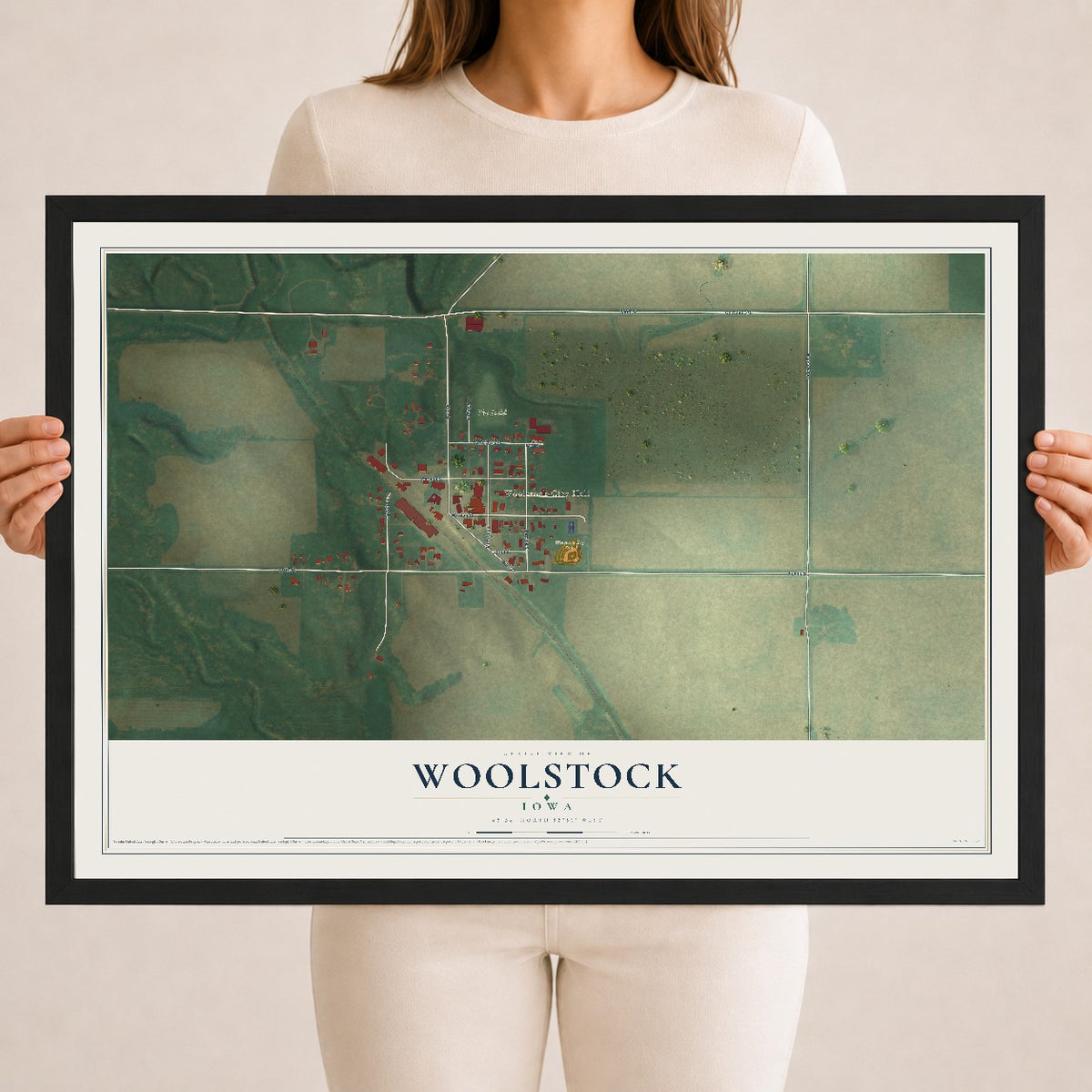 Map of Woolstock, Iowa, 18 x 24 inch print in a black wood frame