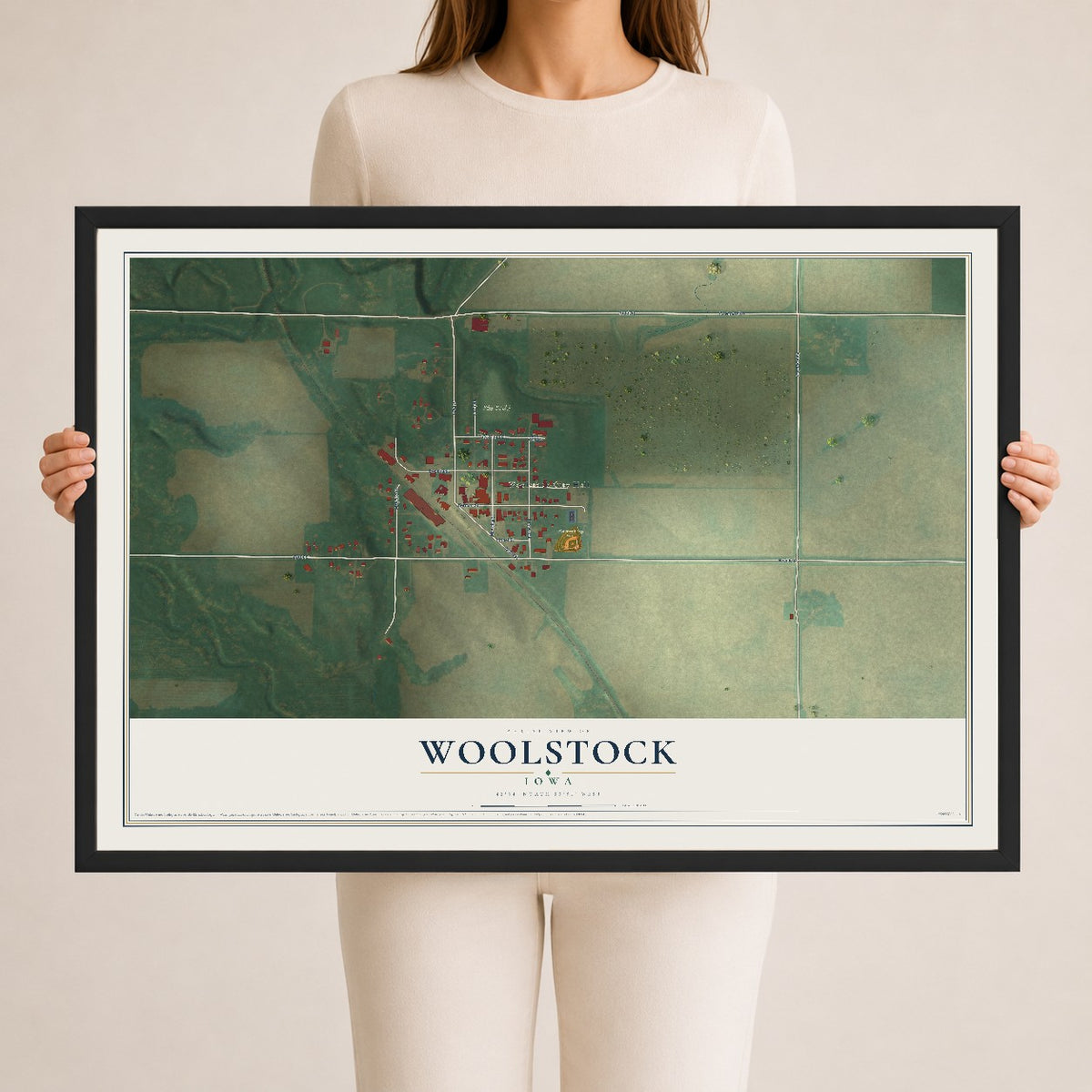 Map of Woolstock, Iowa, 24 x 36 inch print in a black wood frame