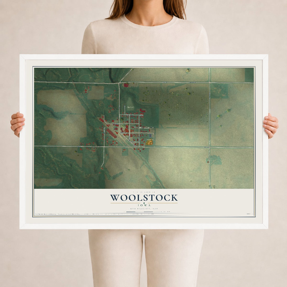Map of Woolstock, Iowa, 24 x 36 inch print in a white wood frame