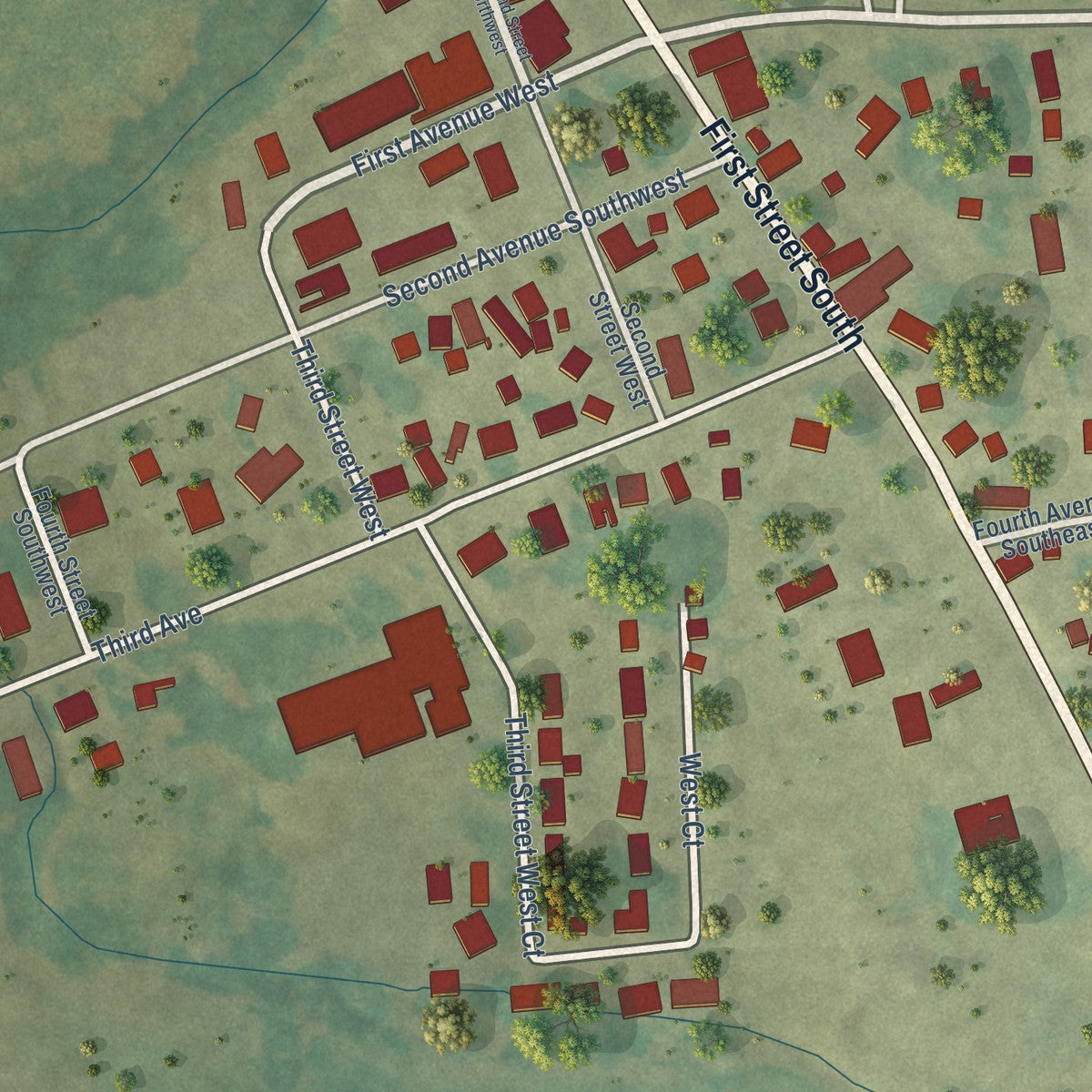 Close-up of the map of Worthington, Iowa print showing street and building detail
