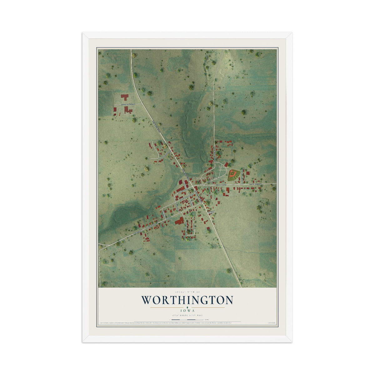 Map of Worthington, Iowa, 12 x 18 inch print in a white wood frame