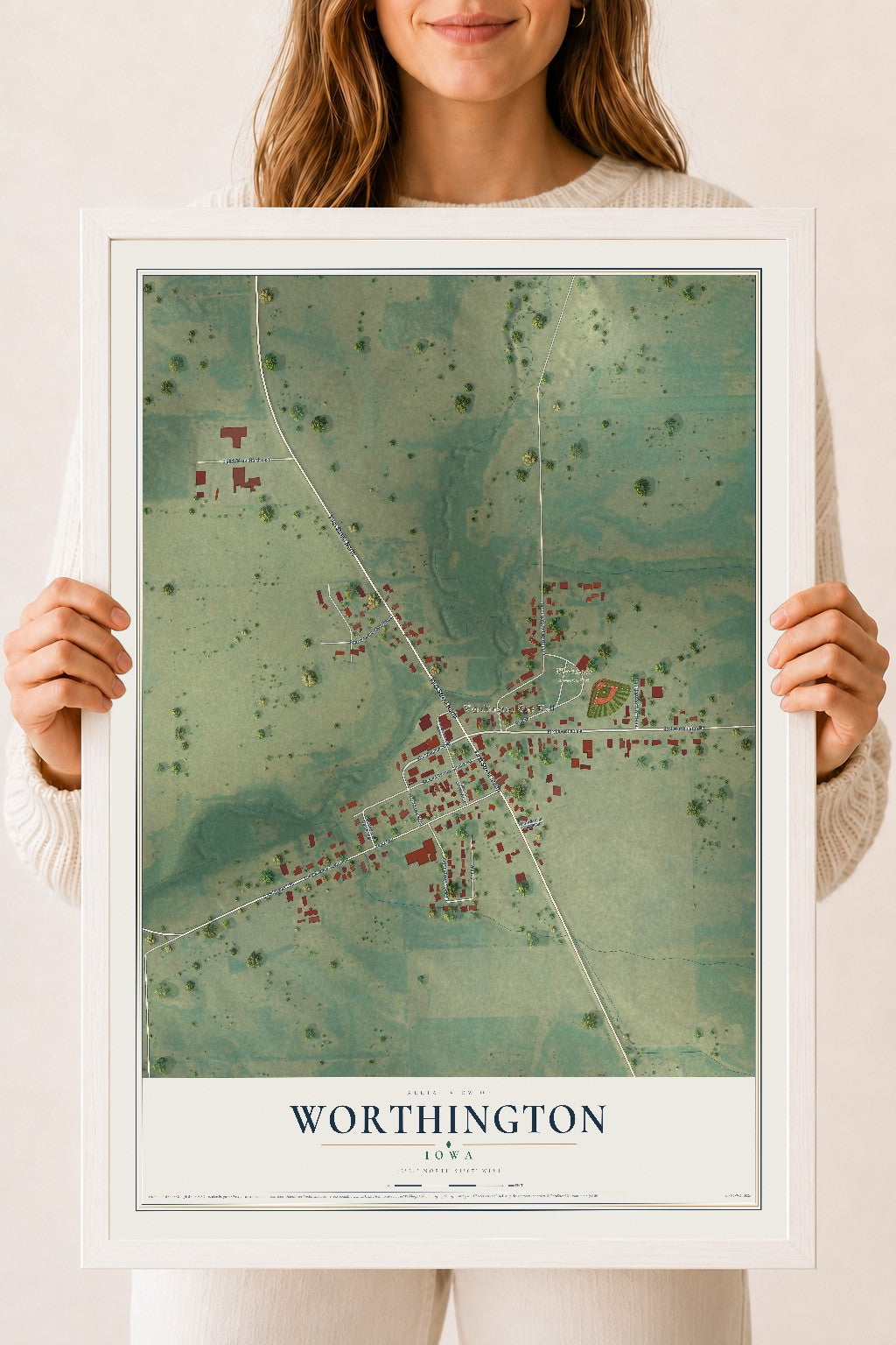 Map of Worthington, Iowa, 18 x 24 inch print in a white wood frame
