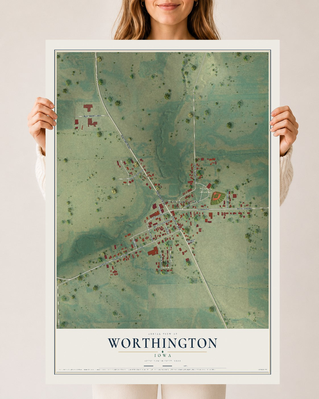 Map of Worthington, Iowa, 24 x 36 inch unframed archival matte print