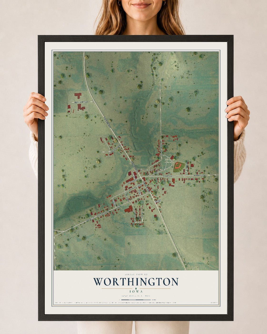 Map of Worthington, Iowa, 24 x 36 inch print in a black wood frame