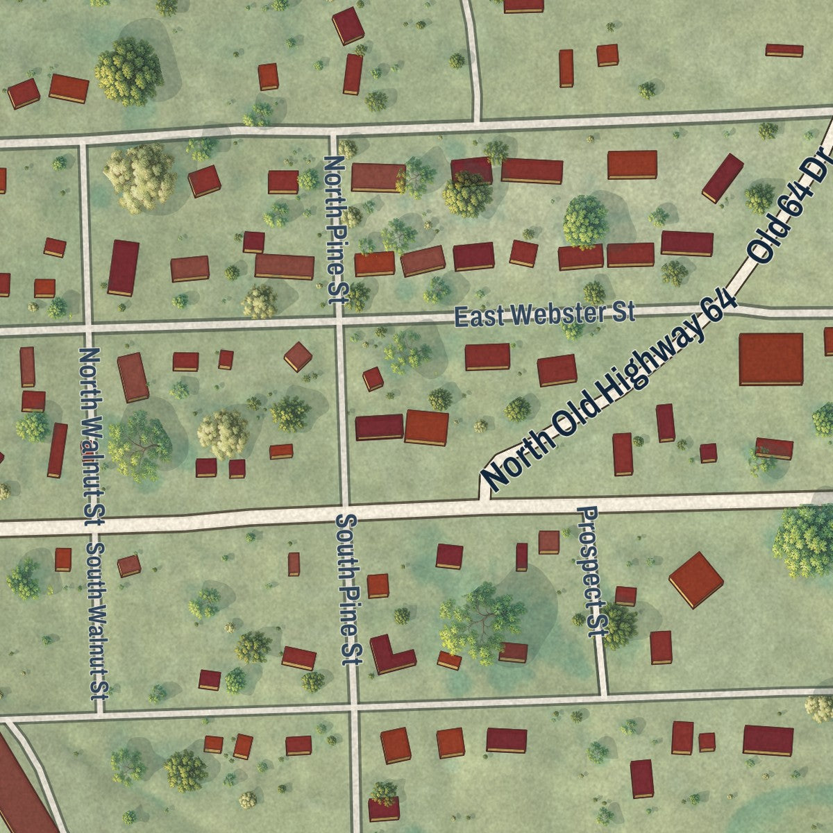 Close-up of the map of Wyoming, Iowa print showing street and building detail