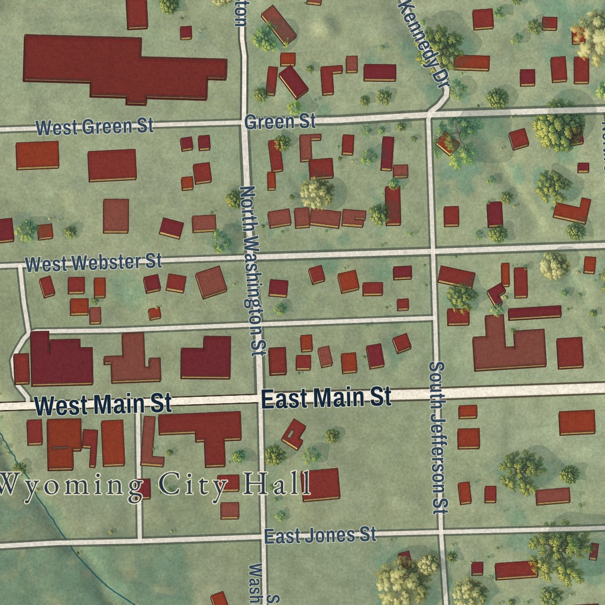 Second close-up of the map of Wyoming, Iowa print showing more streets and buildings