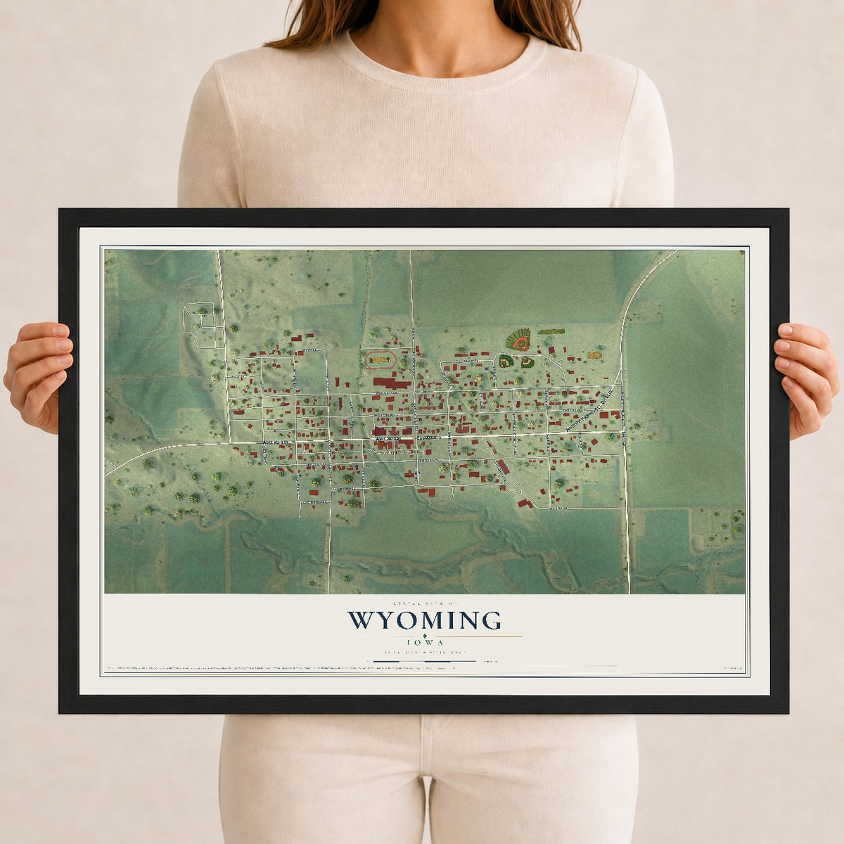 Map of Wyoming, Iowa, 12 x 18 inch print in a black wood frame
