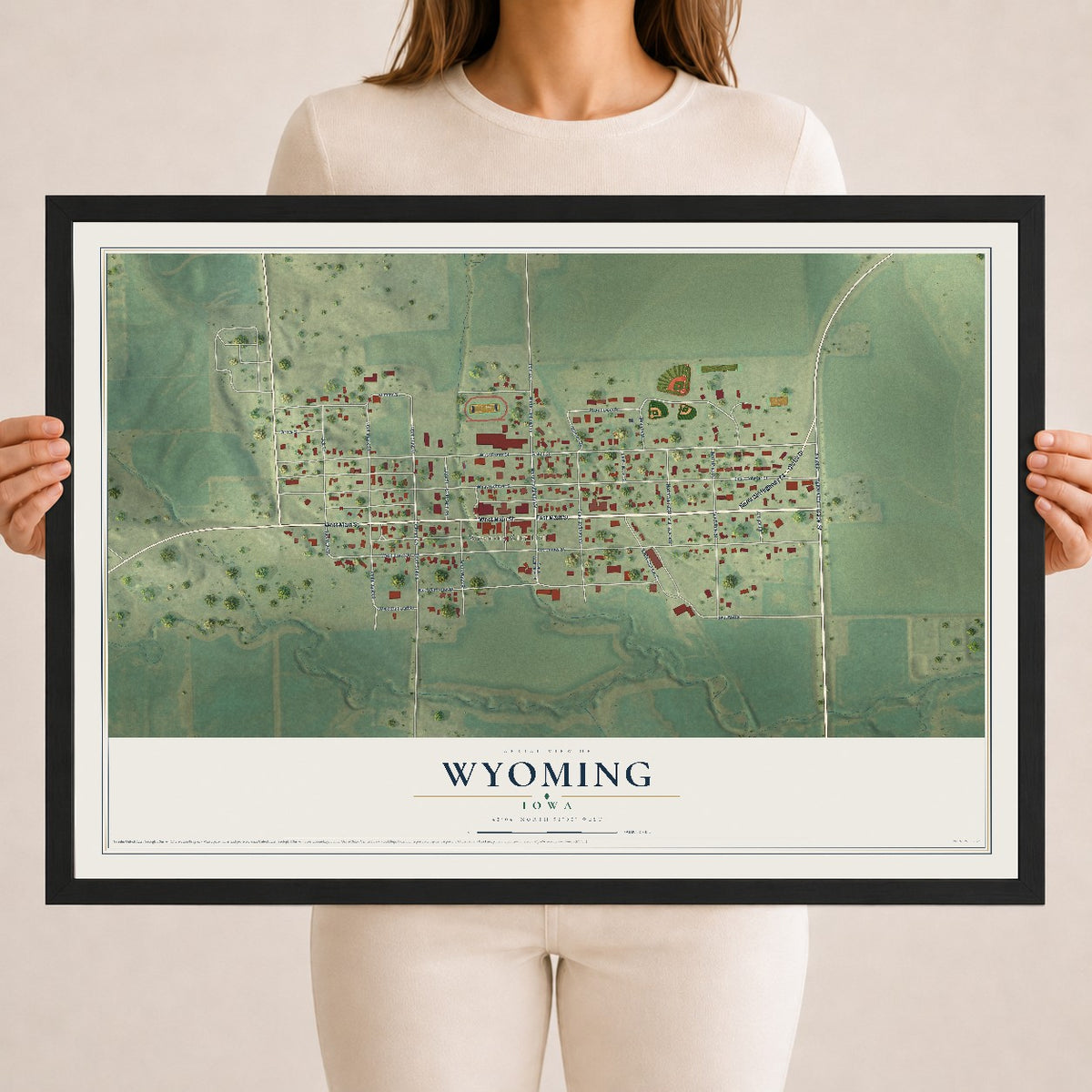 Map of Wyoming, Iowa, 18 x 24 inch print in a black wood frame
