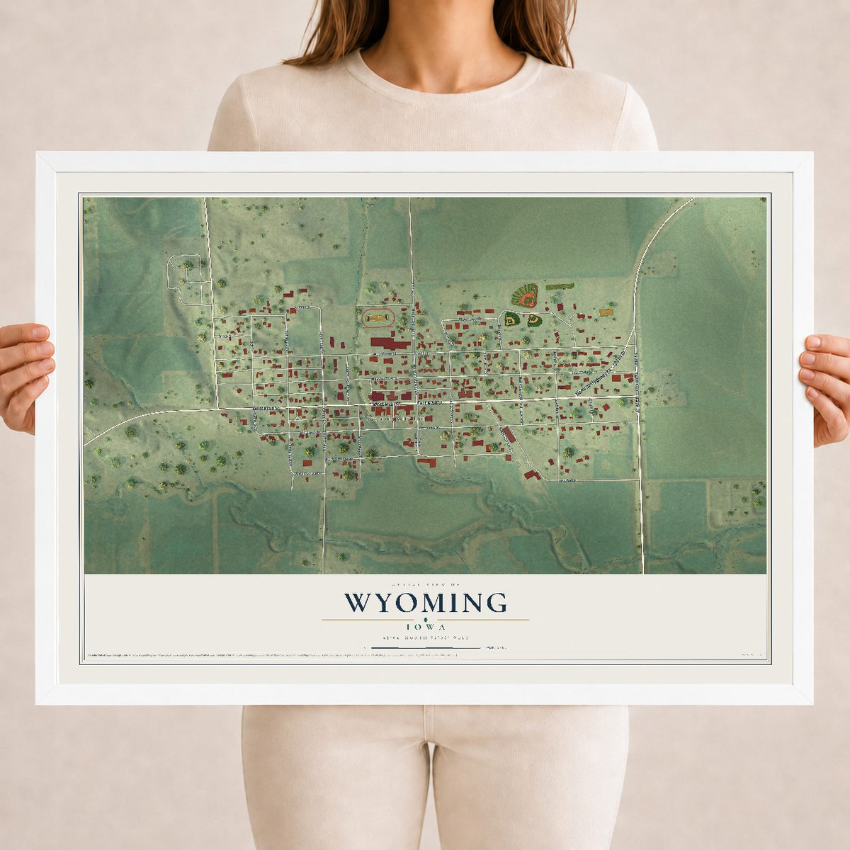 Map of Wyoming, Iowa, 18 x 24 inch print in a white wood frame