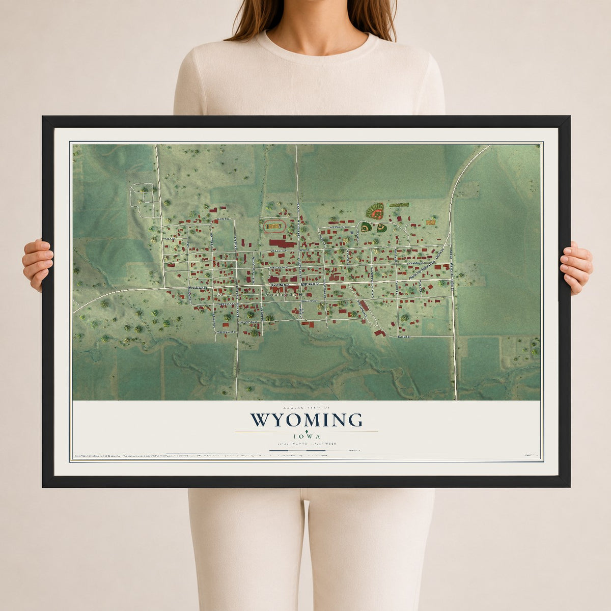 Map of Wyoming, Iowa, 24 x 36 inch print in a black wood frame