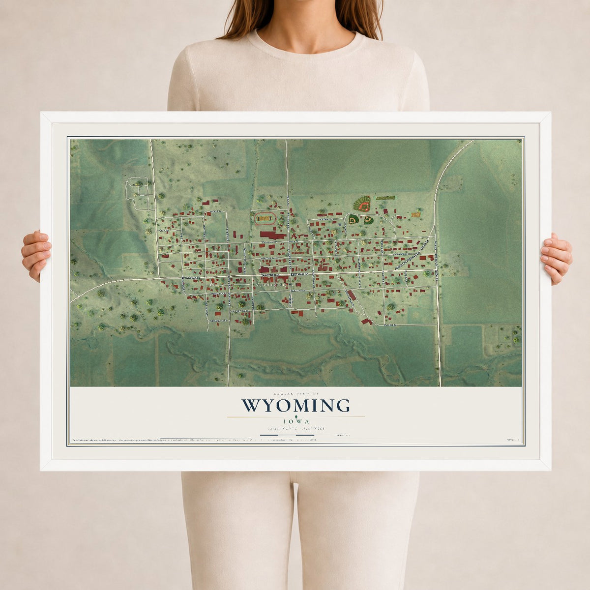 Map of Wyoming, Iowa, 24 x 36 inch print in a white wood frame