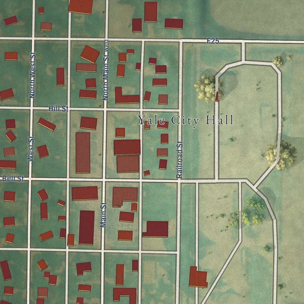 Close-up of the map of Yale, Iowa print showing street and building detail