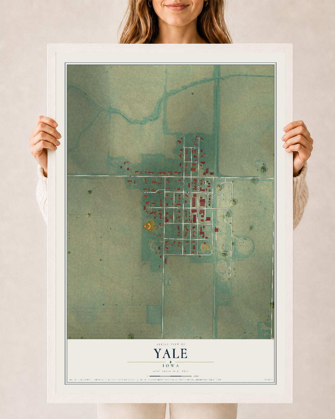 Map of Yale, Iowa, 24 x 36 inch print in a white wood frame