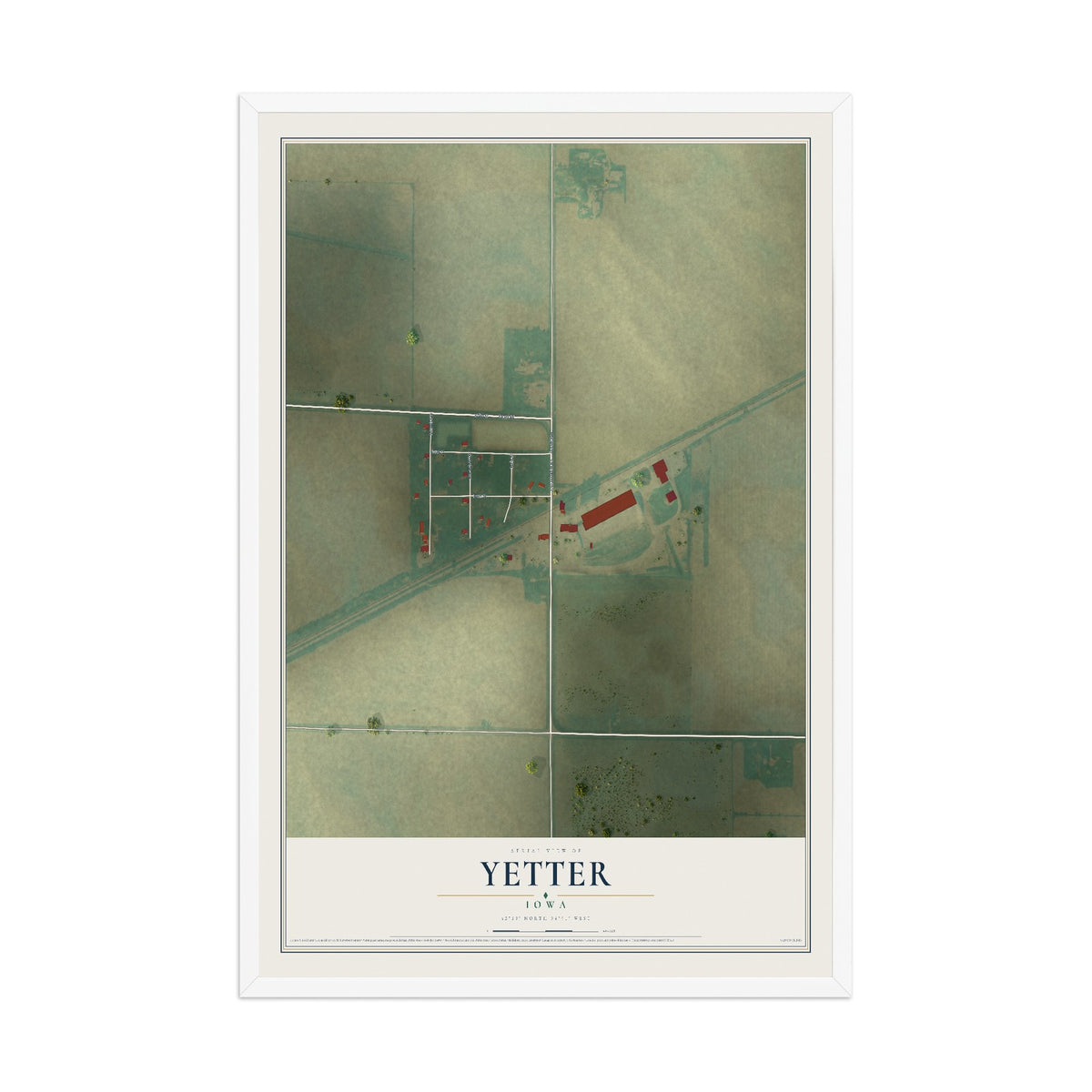 Map of Yetter, Iowa, 12 x 18 inch print in a white wood frame