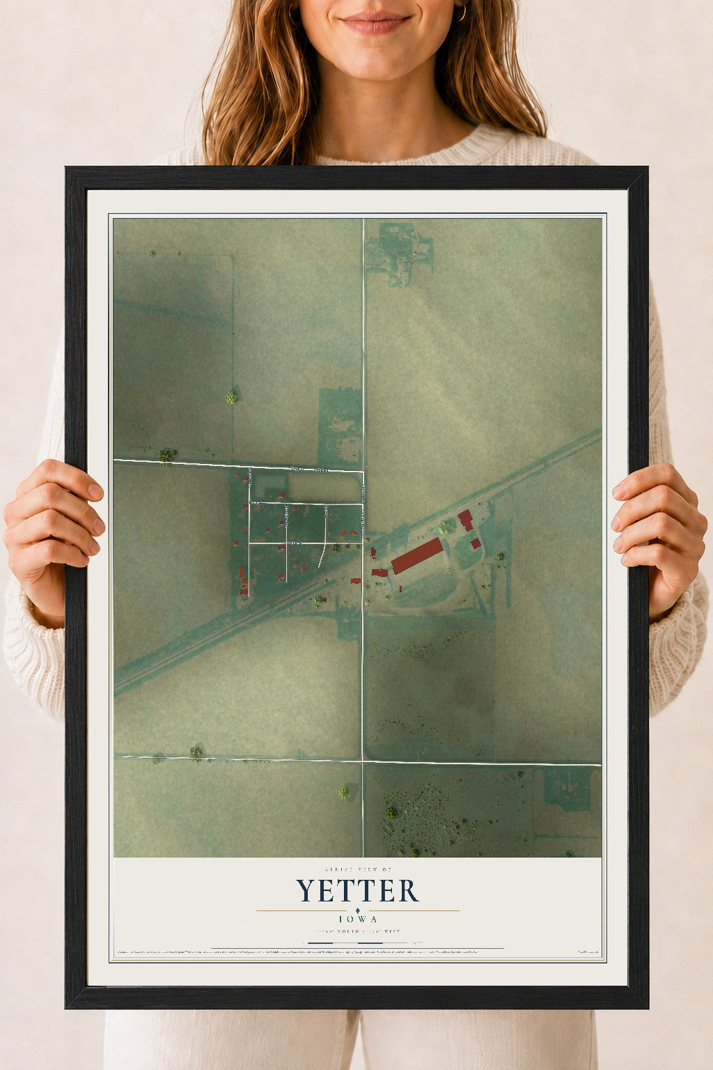 Map of Yetter, Iowa, 18 x 24 inch print in a black wood frame