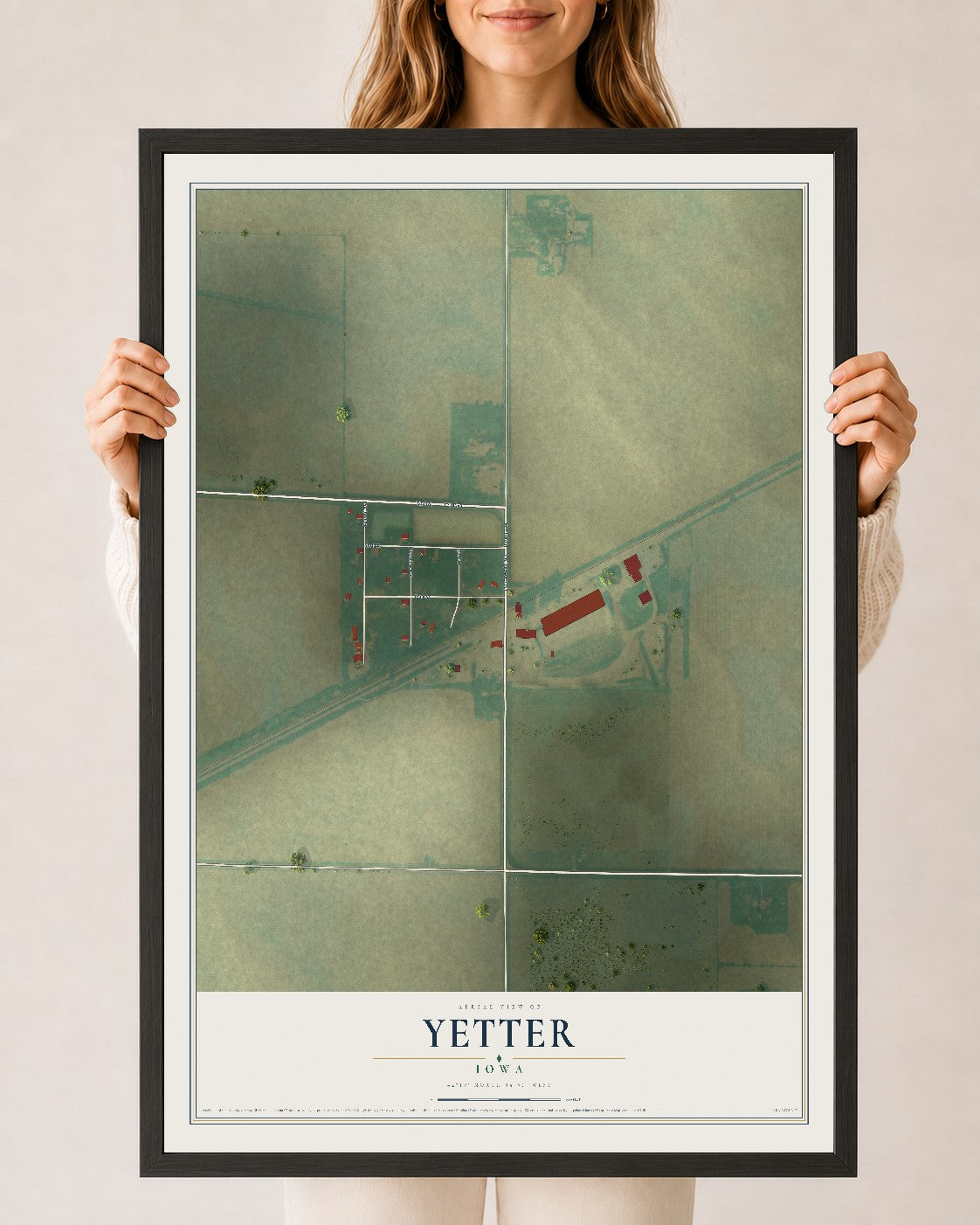 Map of Yetter, Iowa, 24 x 36 inch print in a black wood frame