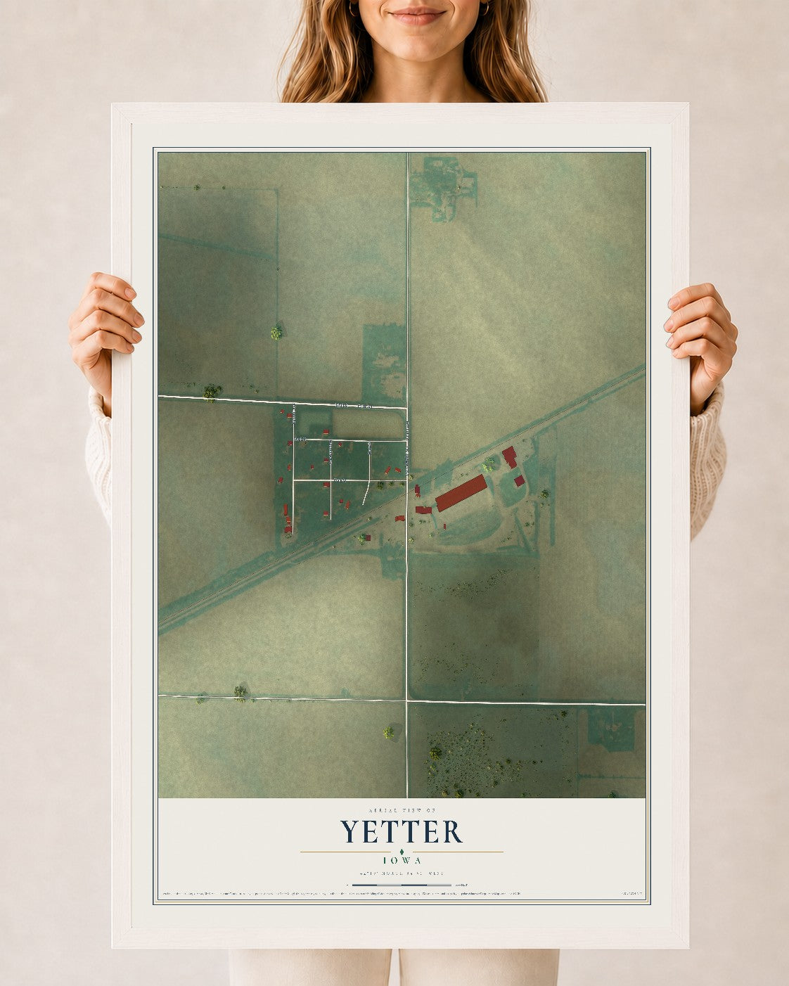 Map of Yetter, Iowa, 24 x 36 inch print in a white wood frame
