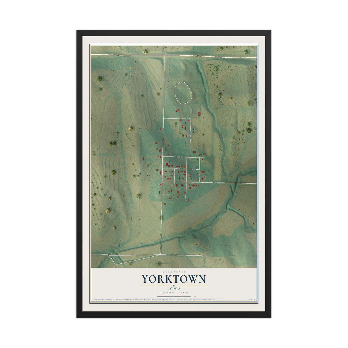 Map of Yorktown, Iowa, 12 x 18 inch print in a black wood frame