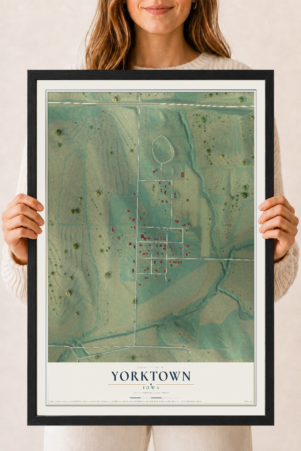 Map of Yorktown, Iowa, 18 x 24 inch print in a black wood frame