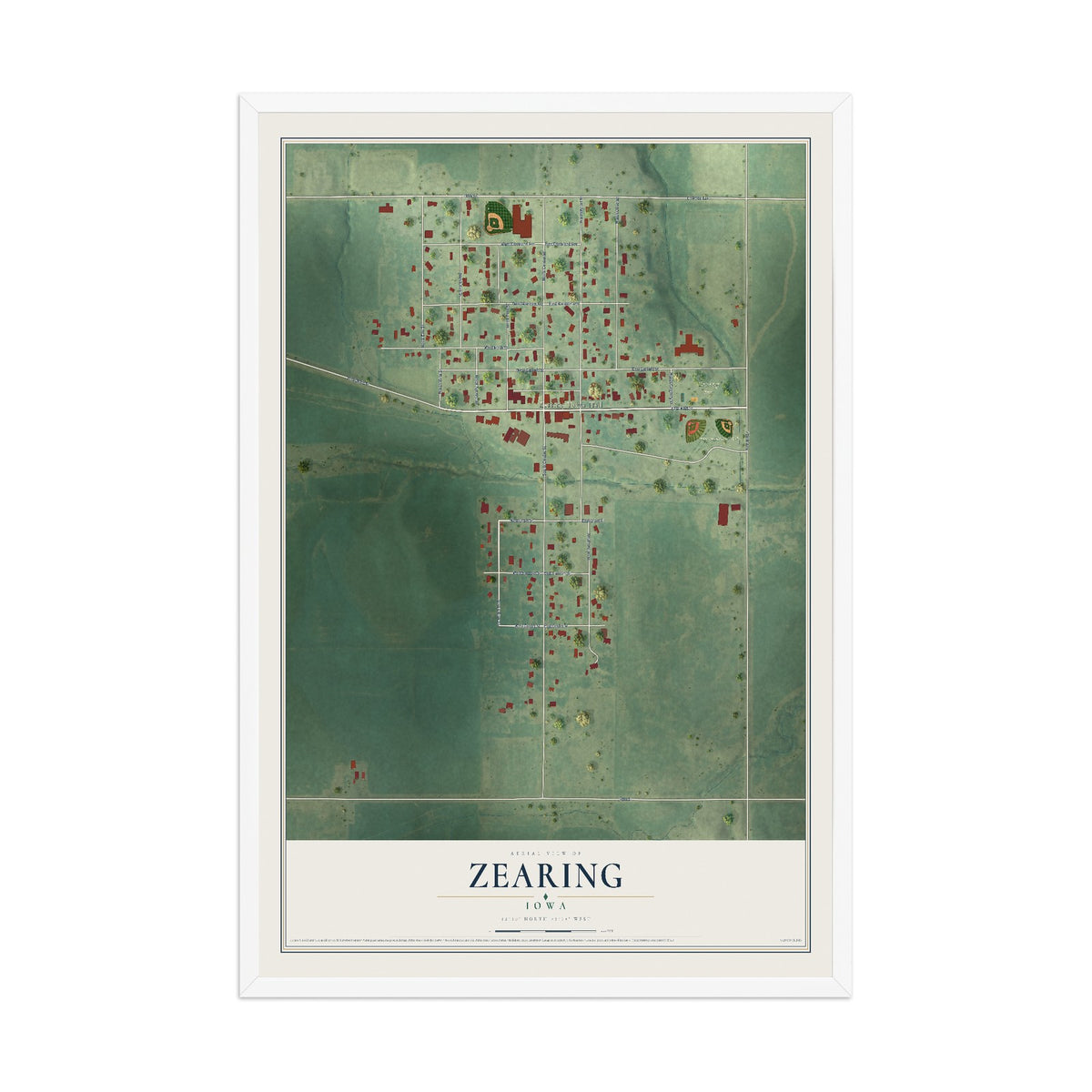 Map of Zearing, Iowa, 12 x 18 inch print in a white wood frame