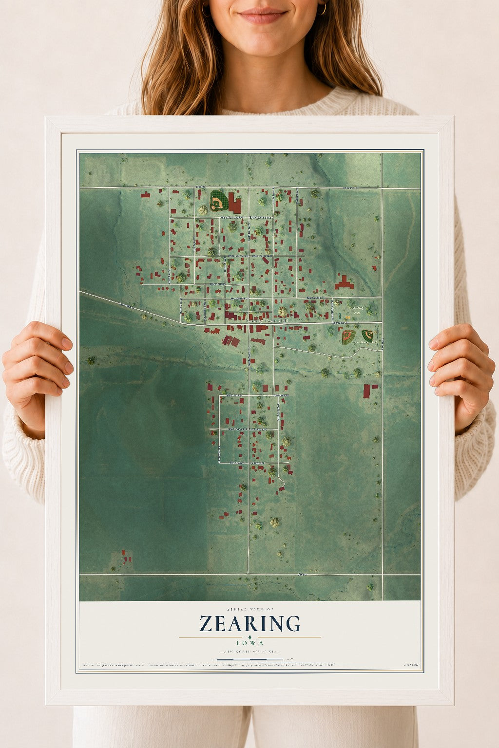 Map of Zearing, Iowa, 18 x 24 inch print in a white wood frame