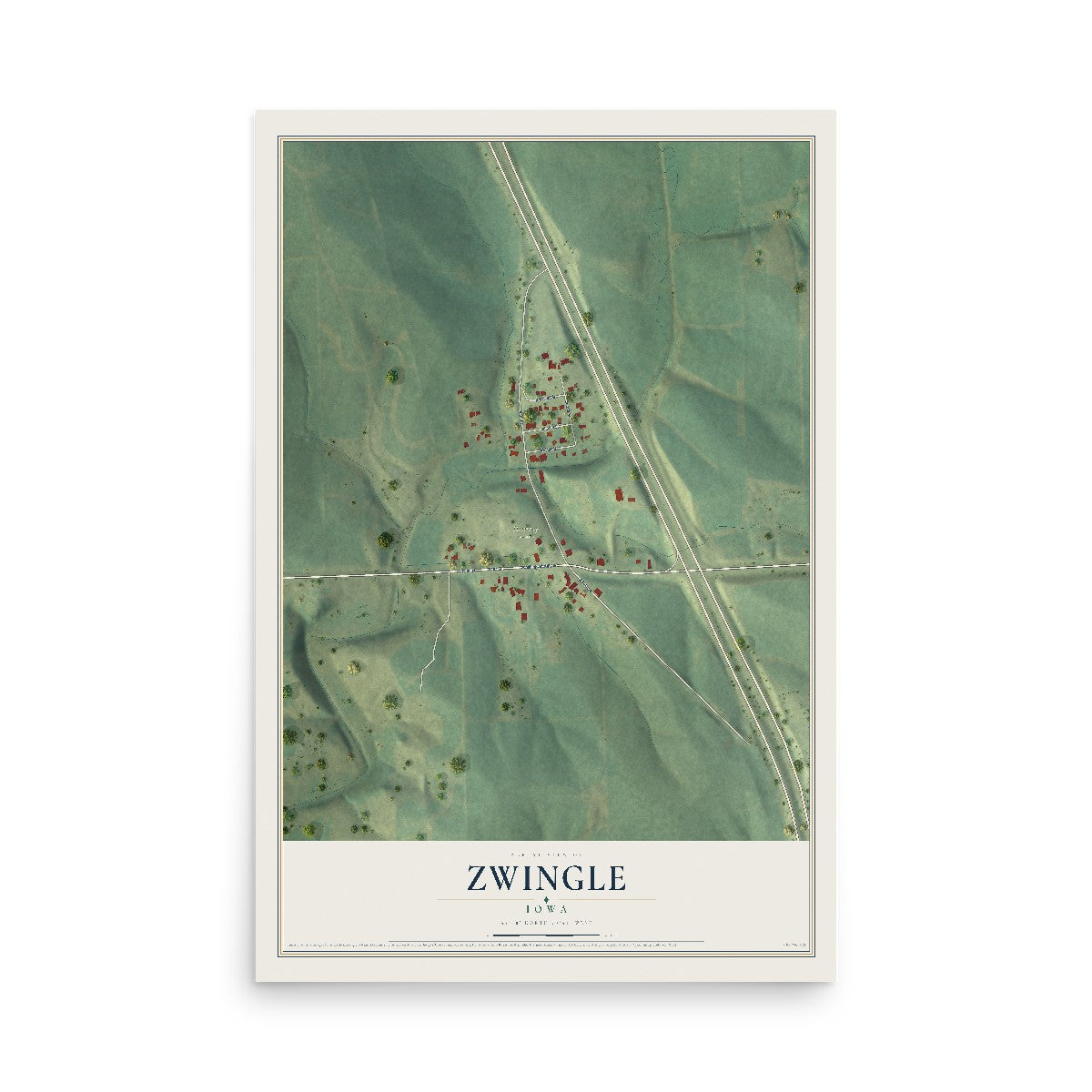 Map of Zwingle, Iowa, 12 x 18 inch unframed archival matte print